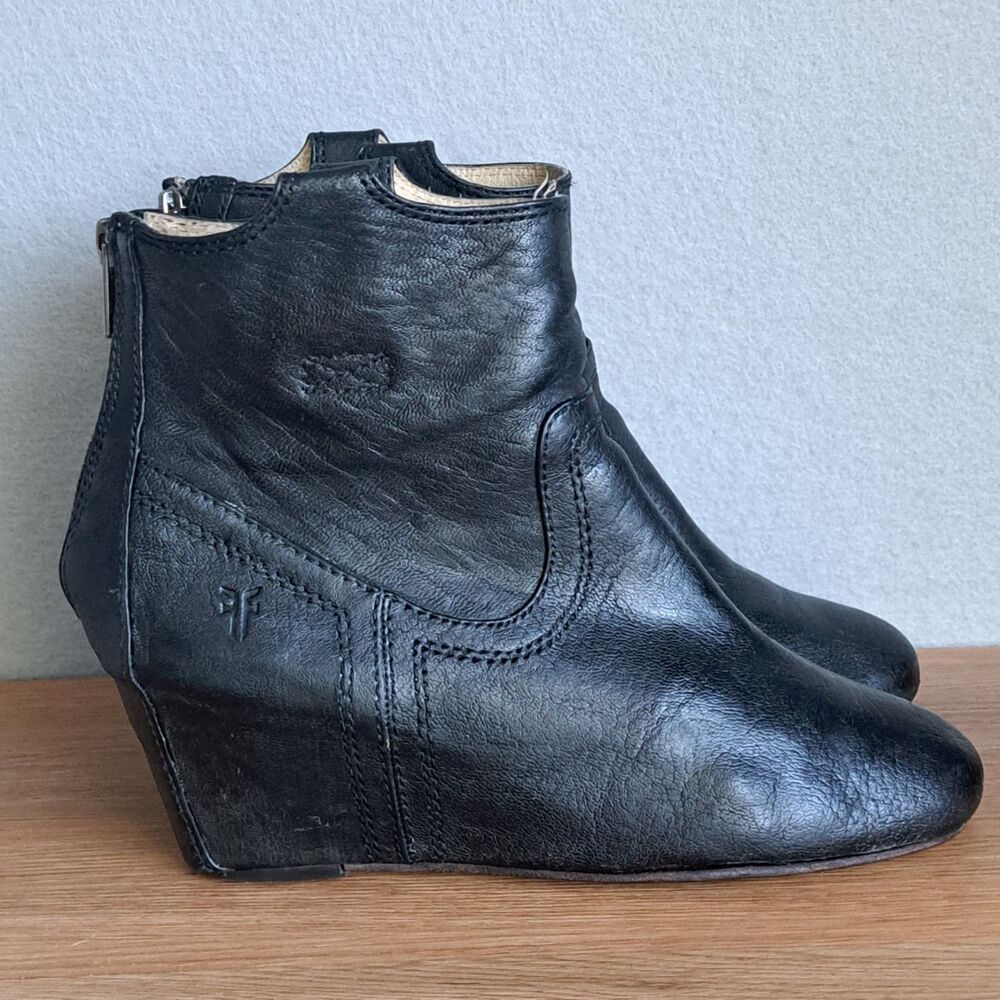 FRYE Carson Women's 7.5 Leather Hidden Wedge Ankle Booties Black Comfort  Boots